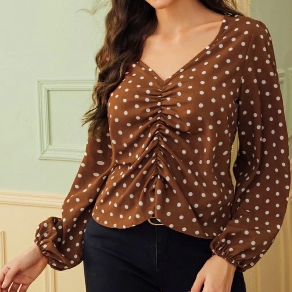 Brown Polka-dot vintage blouse top